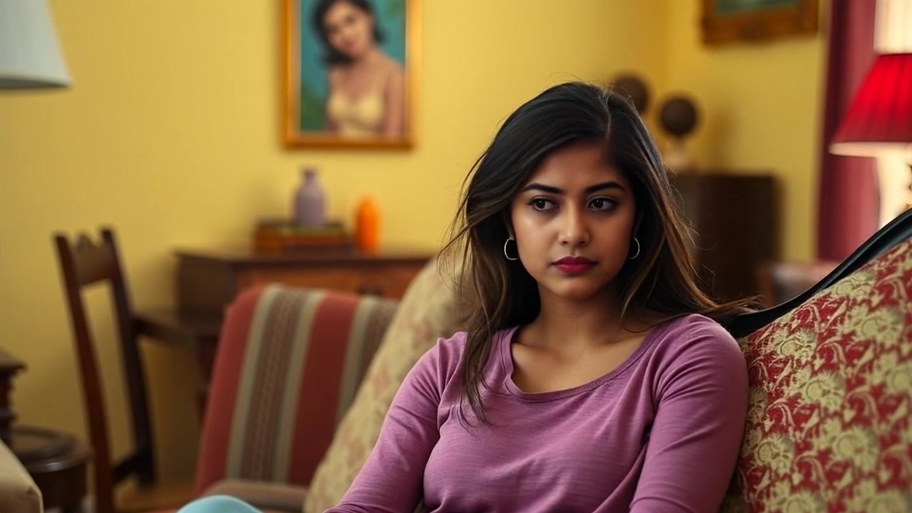 Subject: A person sitting quietly on a couch. Subject movement: The person shifts slightly, adjusting their posture and gazing thoughtfully into the distance. Scene: A cozy living room with soft lighting, plush furnishings, and warm colors creating an inviting atmosphere. Motion: The camera slowly zooms in on the person, capturing the emotion in their expression and the tranquil surroundings, while maintaining a smooth focus on the intimate details of the setting.