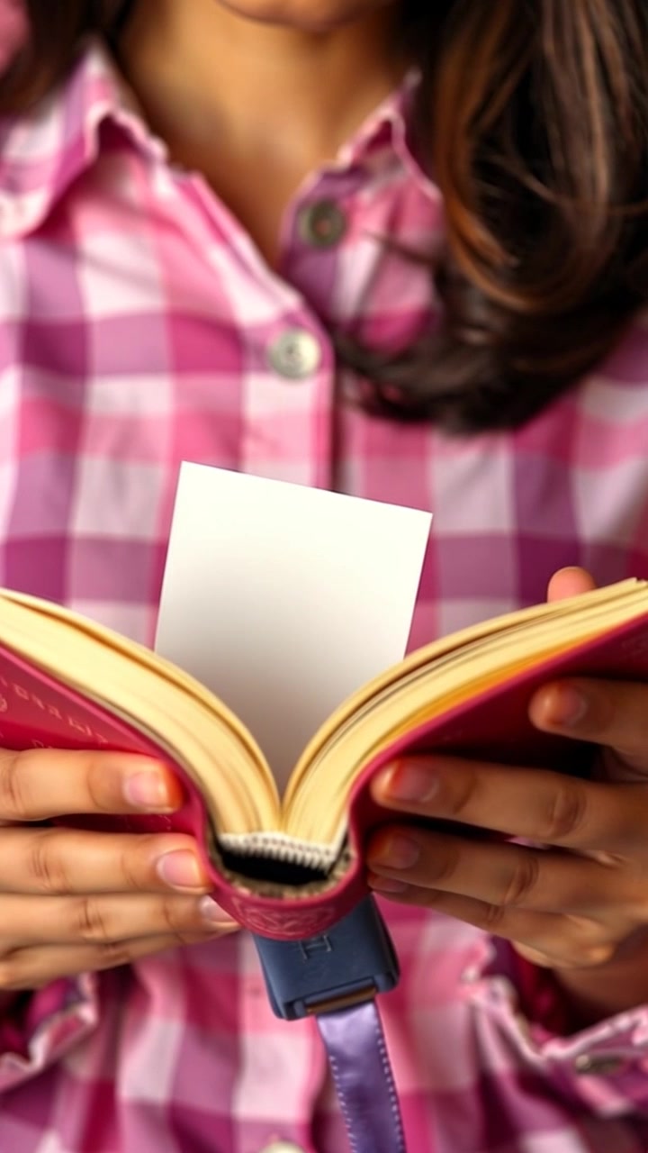 Scene: A close-up of a book held in hands, with a note sticking out, indicating a moment of discovery. Style: Soft, ambient lighting creating a warm and inviting atmosphere. Motion: The camera gently pushes in to focus on the note, then tilts slightly to reveal more details of the book's cover, with a shallow depth of field enhancing the intimacy of the moment.