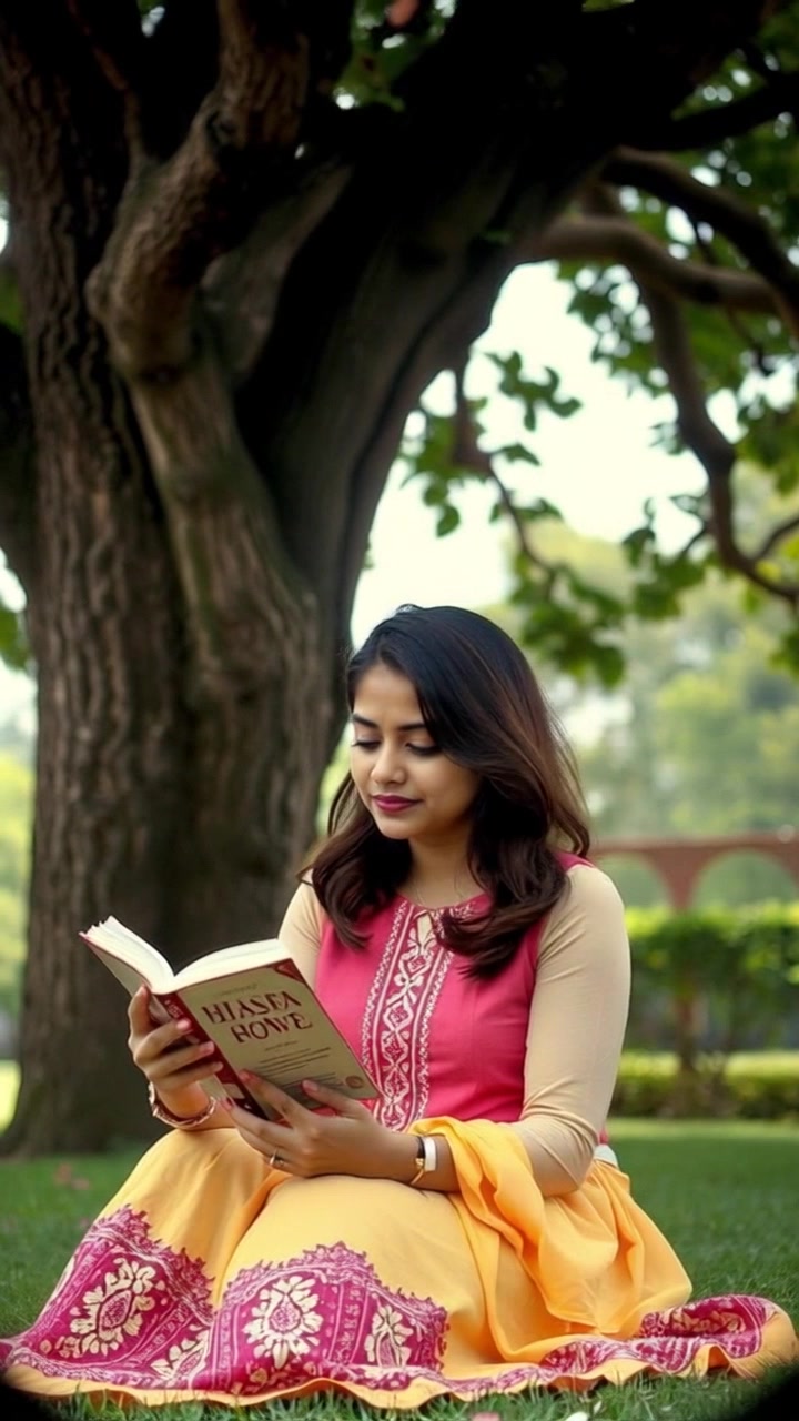 Subject: Radha. Subject movement: Radha is flipping through the pages of a book, occasionally glancing up with a hopeful expression. Scene: Under a large tree in a serene park, dappled sunlight filtering through the leaves. Style: Soft afternoon light creating a warm and inviting atmosphere. Motion: Handheld camera gently moves in to capture her focused expression, then pulls back to reveal the tranquil surroundings.