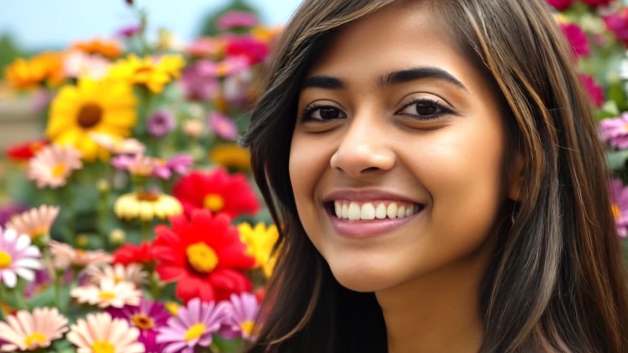 Subject: A young woman with a warm smile. Subject movement: She gently sways side to side, surrounded by blooming flowers in a vibrant garden. Scene: A lush garden filled with colorful flowers under a bright blue sky. Style: Bright, natural lighting showcasing the vivid hues of the flora. Motion: The camera performs a slow push in, emphasizing the woman's joyful expression as she embraces the beauty of her surroundings.