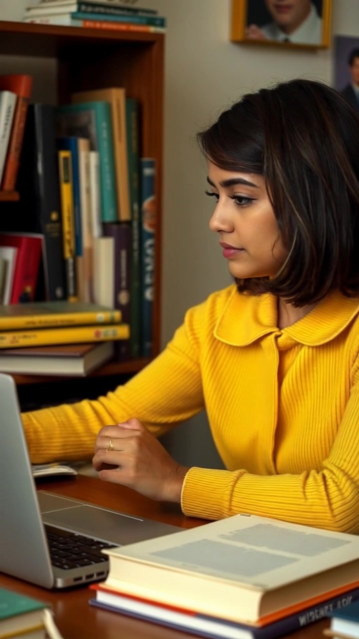 Subject: A young woman studying intently at a desk, absorbed in her work. Subject movement: She occasionally adjusts her position, flipping through a book and typing on the laptop. Scene: A cozy study environment filled with books and a laptop on the desk. Style: Soft ambient lighting creates a warm atmosphere, enhancing the feeling of focus and diligence. Motion: The camera performs a gentle push-in, gradually revealing the details on the desk while subtly highlighting her concentration.