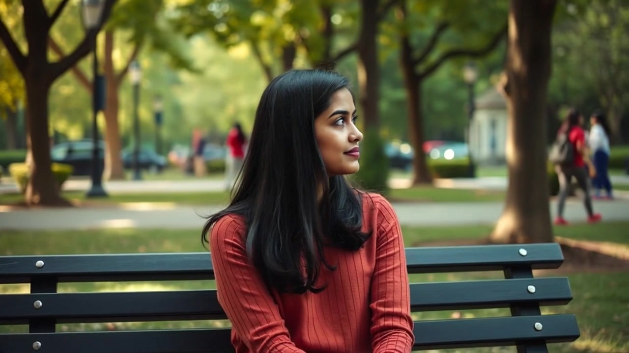 Subject: A young woman seated calmly on a park bench. Subject movement: She observes her surroundings with a gentle expression, occasionally turning her head to engage with the vibrant scene around her. Scene: Lush green park filled with people leisurely walking and playing. Style: Soft morning light creating a serene and inviting atmosphere among the trees. Motion: The camera tracks slowly around the bench, capturing the lively park ambiance while focusing on her tranquil demeanor.