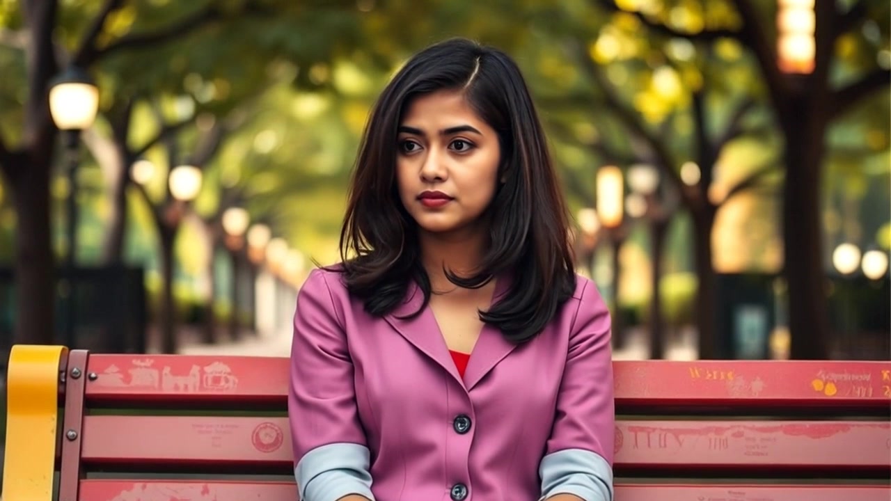 Subject: A woman sitting on a park bench, lost in thought. Subject movement: She shifts slightly as a gentle breeze flows through the trees, causing her hair to sway softly. Scene: A serene park setting with lush greenery and dappled sunlight filtering through the leaves. Style: Warm, inviting light enhancing the tranquil atmosphere. Motion: The camera gradually pans in from a distance, capturing the peaceful environment before settling on her contemplative expression.
