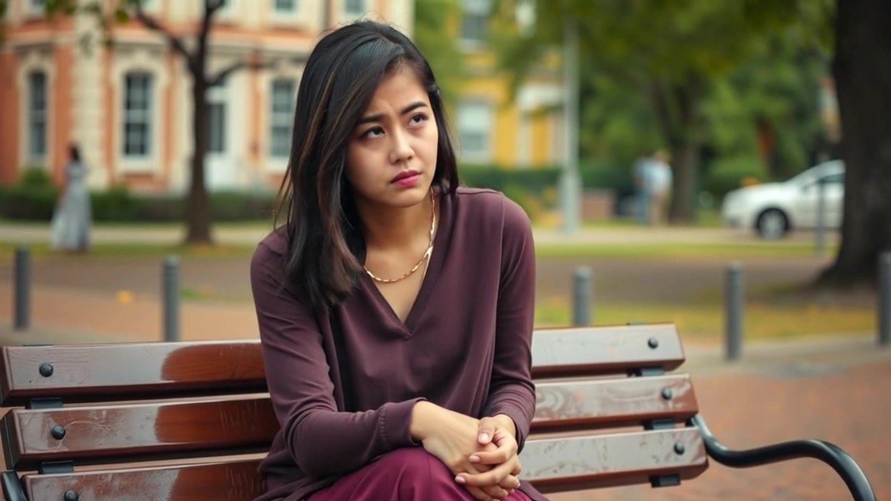 Subject: A young woman sitting alone on a park bench, looking down with a troubled expression and hands on her knees. Subject movement: She shifts her gaze slowly upwards, contemplating her surroundings. Scene: A serene park setting, with soft grass and trees creating a tranquil backdrop. Style: Soft, diffused morning light filtering through the leaves, casting gentle shadows. Motion: Camera begins with a close-up on her expression, then slowly pushes out to capture the woman in the wider context of the park, enhancing the feeling of isolation.