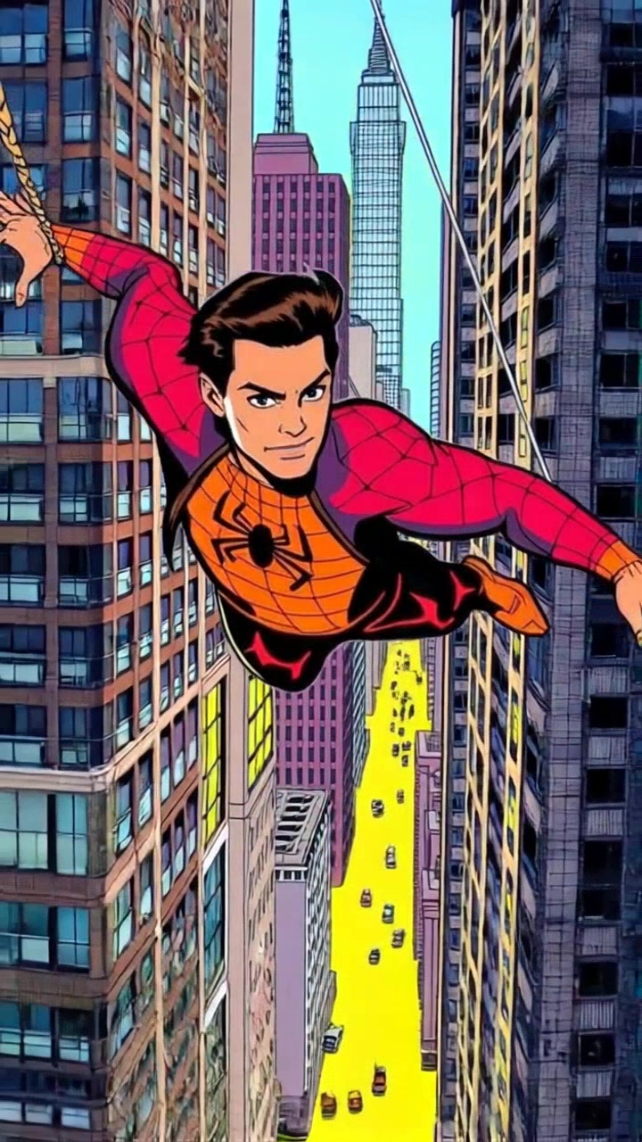 Subject: A superhero swinging through the city on a web line between towering skyscrapers. Subject movement: The figure swings dynamically, propelling forward with ease as the web line extends taut behind. Scene: A bustling urban skyline filled with gleaming skyscrapers under a clear blue sky. Style: Bright daylight illuminates the vibrant cityscape, casting sharp shadows. Motion: The camera follows closely, tracking the superhero's swift motion as they dart between buildings, weaving through the high rises with a sense of exhilarating speed.