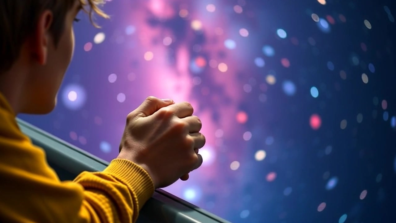Subject: A pair of hands gripping a railing tightly, showcasing restlessness. Scene: A tranquil, starry night sky above, with a hint of distant constellations. Style: Soft, ambient moonlight illuminating the hands against the backdrop of twinkling stars. Motion: The camera slowly pushes in on the hands, capturing the subtle tension as they flex and adjust on the railing, while occasional stars twinkle in the vastness above.