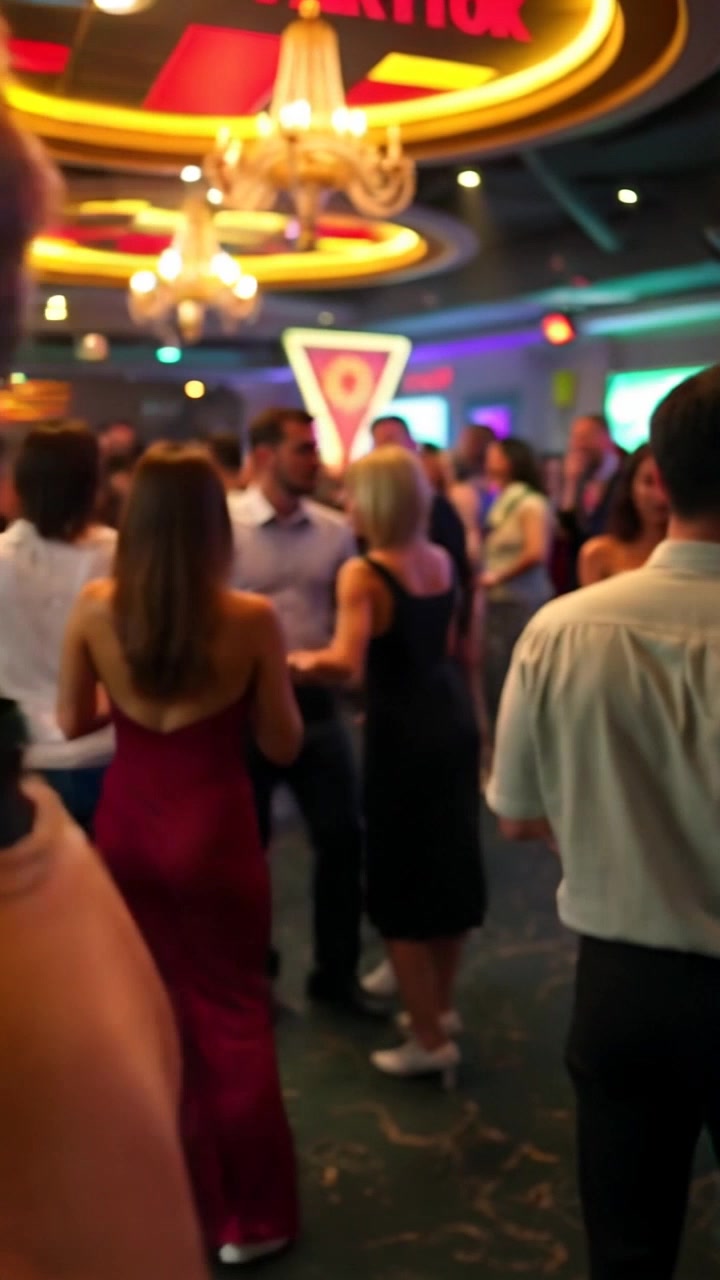 Scene: A vibrant party atmosphere filled with guests dancing and mingling, infused with colorful lights and laughter. Style: Warm, inviting lighting creates a festive mood, capturing the energy of the celebration. Motion: The camera moves through the crowd with a smooth dolly-in, focusing on individual interactions before panning to reveal Ryan looking bored in the midst of the festive chaos.