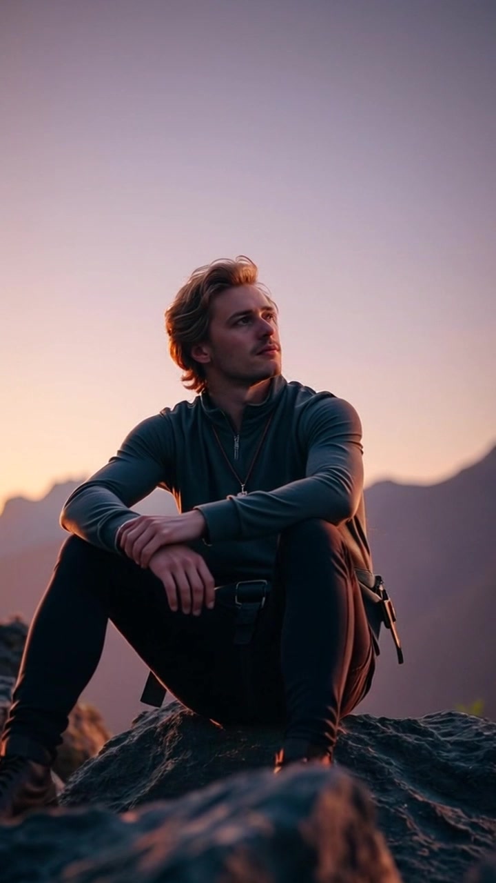 Subject: A person sitting on a large rock, gazing thoughtfully into the distance. Subject movement: The person's eyes occasionally drift, reflecting a sense of wistfulness as the camera gently zooms in. Scene: A tranquil outdoor setting, surrounded by lush greenery and distant mountains. Style: Soft, ambient lighting, creating a serene atmosphere. Motion: The camera smoothly pushes in closer to capture the subtle emotions on the person's face, with a slight breeze rustling the leaves in the background.