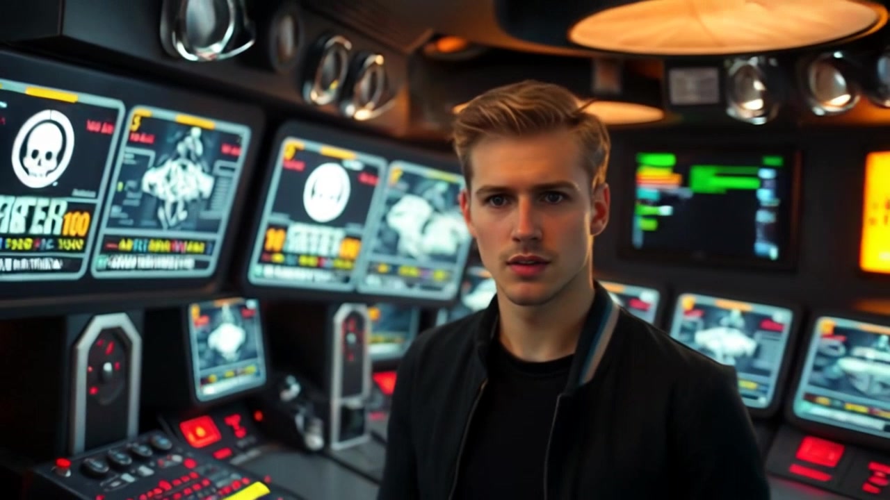 Subject: A person looking panicked in a control room. Scene: A high-tech control room filled with various screens displaying incoming threat notifications, surrounded by blinking lights and high-alert equipment. Style: Dim, tense lighting reflecting urgency, creating a moody atmosphere. Motion: Camera begins with a close-up of the person's facial expression, then rapidly pulls back to reveal the chaotic control room as alerts flash across the screens.