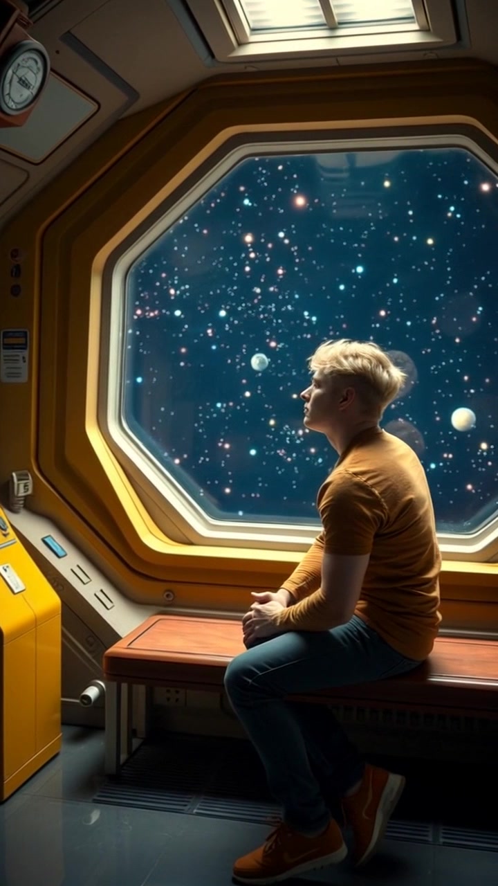Subject: A person sitting pensively. Subject movement: The figure gazes contemplatively out of a large viewport into the vastness of space. Scene: Inside a futuristic space station, with metallic surfaces and soft ambient lighting creating a serene atmosphere. Motion: The camera slowly pushes in on the individual, capturing the reflections in the viewport as stars and distant planets float silently by, enhancing the feeling of isolation and wonder.