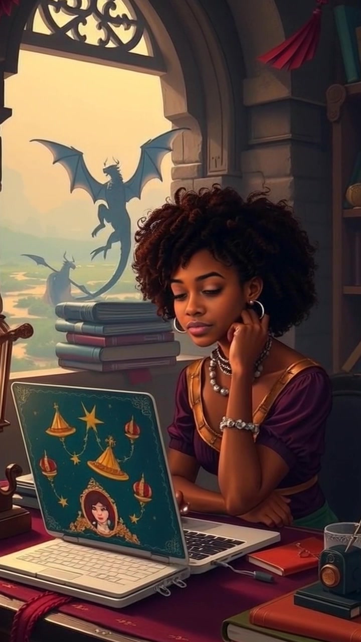 Subject: Nia sitting at a desk, deeply engrossed in her laptop, nodding thoughtfully as she processes the engaging content. Scene: Cozy home office setting, with warm wooden accents and soft lighting creating an inviting atmosphere. Motion: Camera gently pushes in, capturing Nia's focused expression and the glow of the laptop screen, while ambient light casts soft shadows around the room.