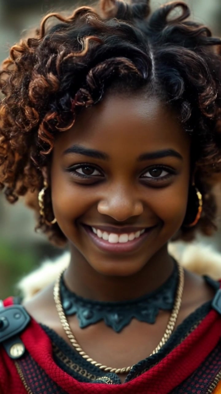 Subject: A young girl with curly hair, smiling brightly. Subject movement: She tilts her head playfully, her smile radiating joy. Scene: Close-up shot of the girl against a soft, blurred background, enhancing her expressive features. Style: Warm morning light illuminating her face, creating an inviting atmosphere. Motion: The camera gently pushes in, capturing her smile as she giggles, emphasizing the warmth and happiness of the moment.