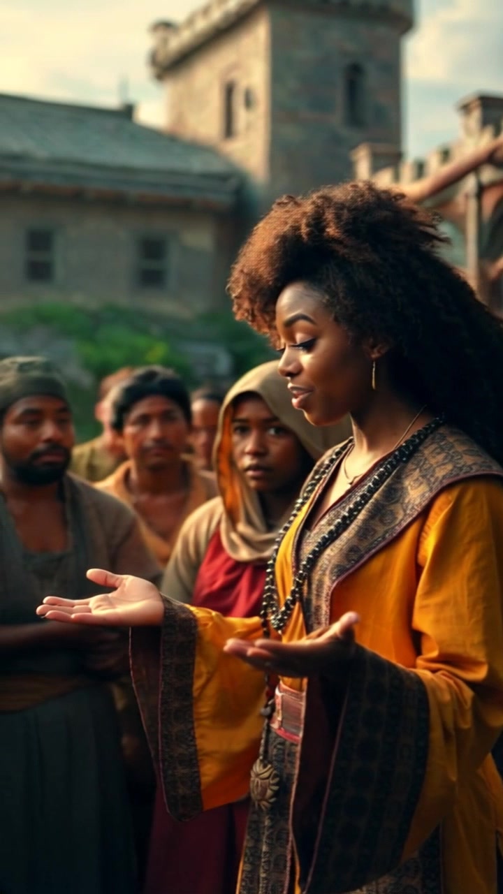 Subject: Nia animatedly telling a story. Subject movement: Nia gestures expressively, captivating the villagers who hang on her every word. Scene: A vibrant village setting filled with attentive villagers gathered around, surrounded by rustic homes and lush greenery. Camera: Dramatic panning shot, flowing from Nia to the engaged audience, capturing their rapt expressions. Lighting: Warm, inviting sunlight filtering through the trees, creating an intimate atmosphere.