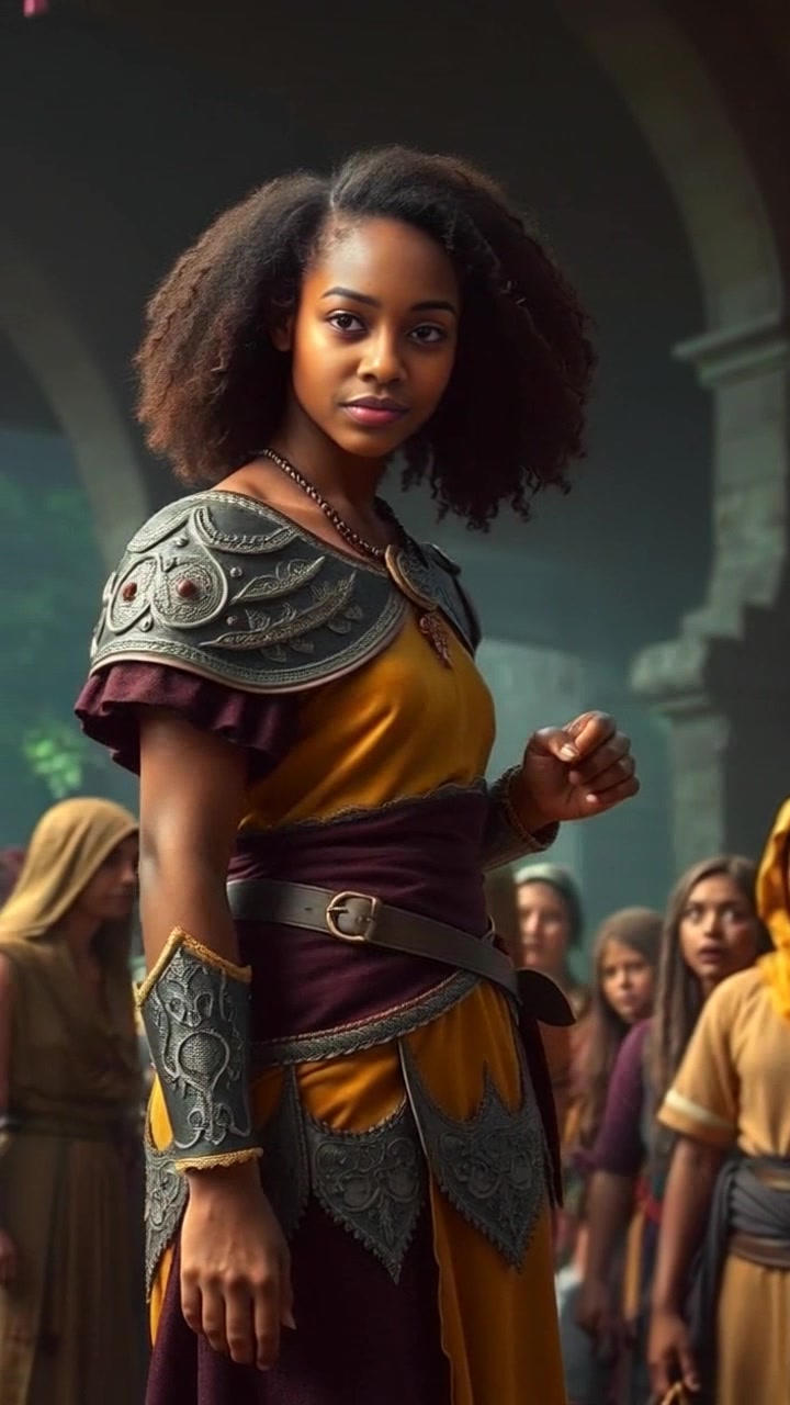 Subject: A confident figure standing tall among amazed villagers. Subject movement: Nia stands proudly, her posture radiating strength and charisma while the villagers reveal expressions of awe and reverence. Scene: A vibrant village setting bustling with life, colorful banners draping the surroundings, and sunlit pathways leading through the crowd. Style: Warm, inviting light illuminates the scene, enhancing the vivid colors of the villagers' clothing and the natural beauty of the environment. Motion: The camera begins with a wide shot capturing the entire scene, then slowly pushes in to focus on Nia, highlighting her fierce expression as she surveys the admiration of those around her.