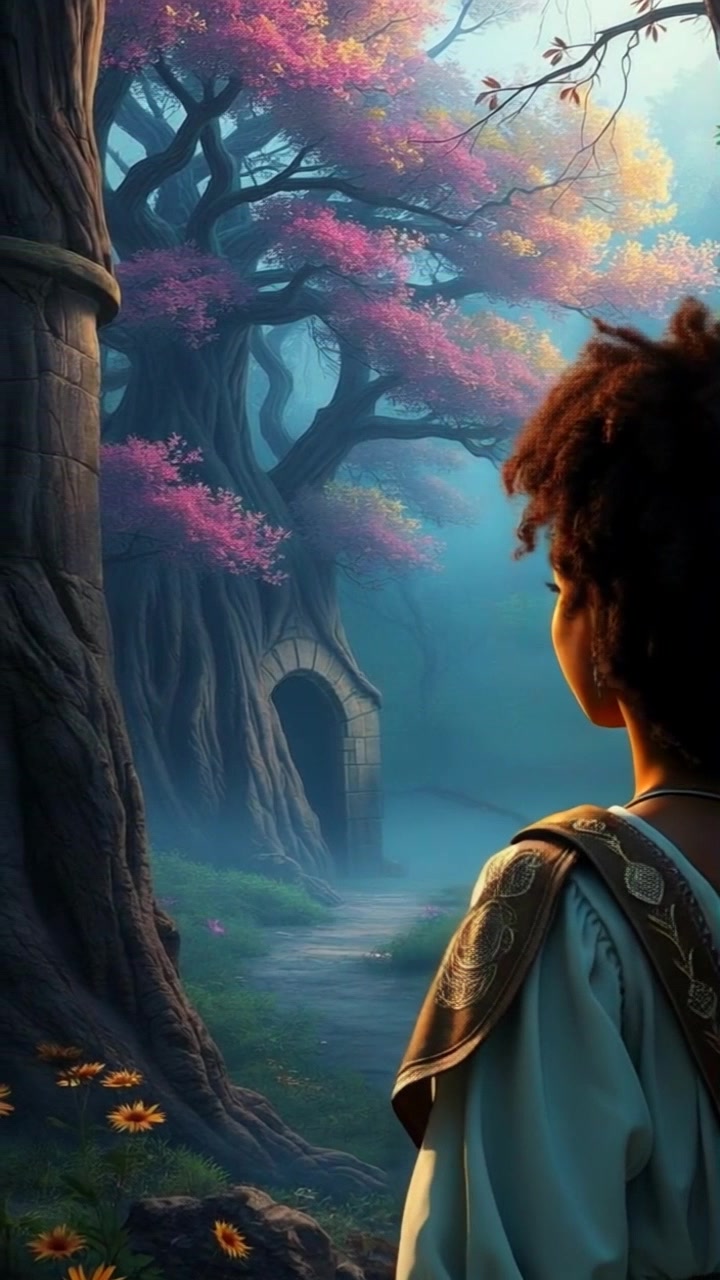 Subject: A young girl standing at the edge of a magical forest. Subject movement: She takes a tentative step forward, her eyes wide with curiosity as she gazes at the enchanting entrance. Scene: The vibrant, lush greenery of the forest contrasts with the soft, dappled light filtering through the trees. Style: Ethereal lighting creates a whimsical atmosphere, with glimmers of luminescence in the air. Motion: The camera slowly pushes in to capture the girl's expression, then transitions to a sweeping view of the forest, showcasing its enchanting depths and intricate foliage.