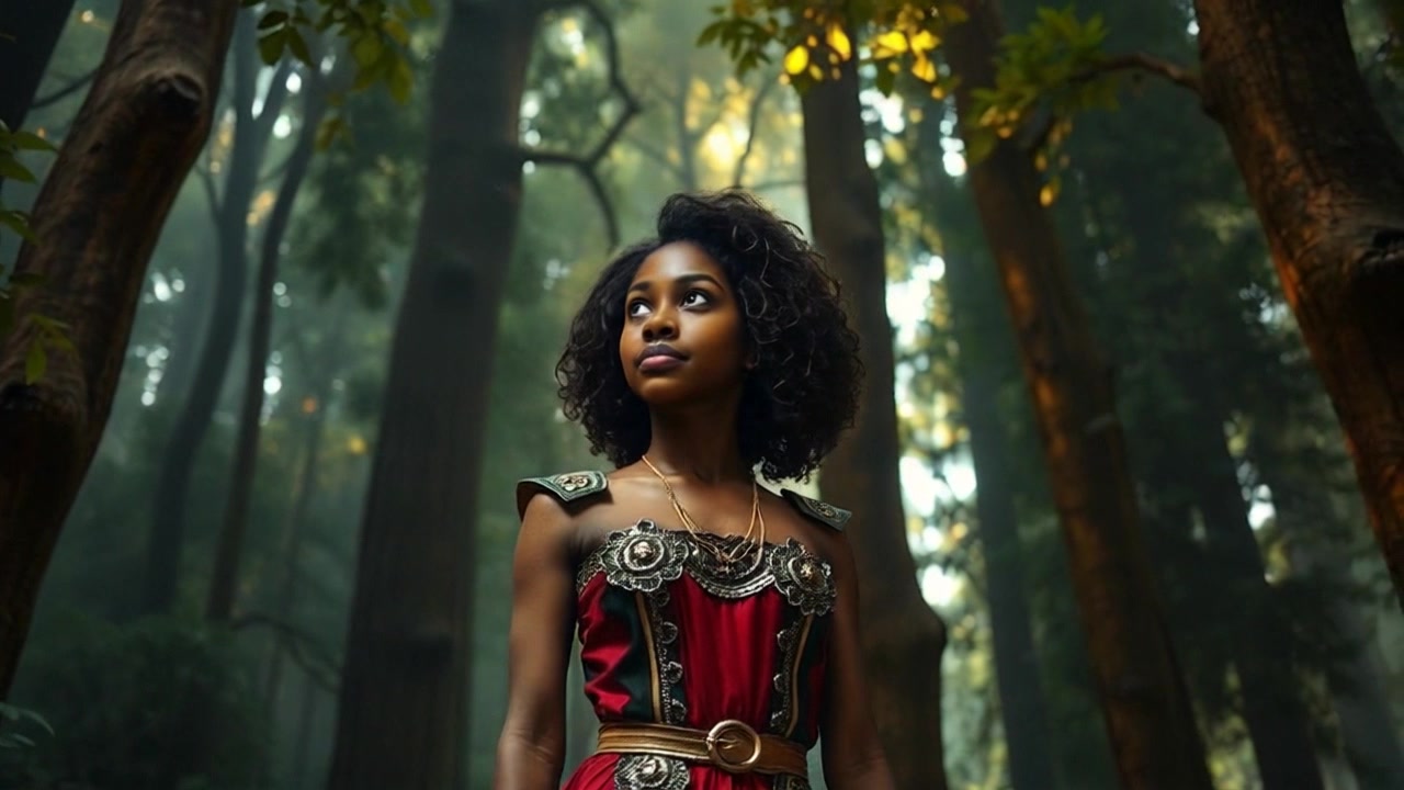 Subject: Nia standing amazed in a lush forest. Subject movement: Nia gazes in wonder as she slowly turns to take in her surroundings, her expression filled with awe. Scene: A vibrant forest with towering trees and glowing leaves, dappled sunlight filtering through the canopy. Style: Magical and enchanting lighting with an ethereal glow emanating from the leaves. Motion: The camera slowly pans around Nia, capturing the beauty of the forest as she stands amidst the towering trees, immersing the viewer in the enchanting atmosphere.