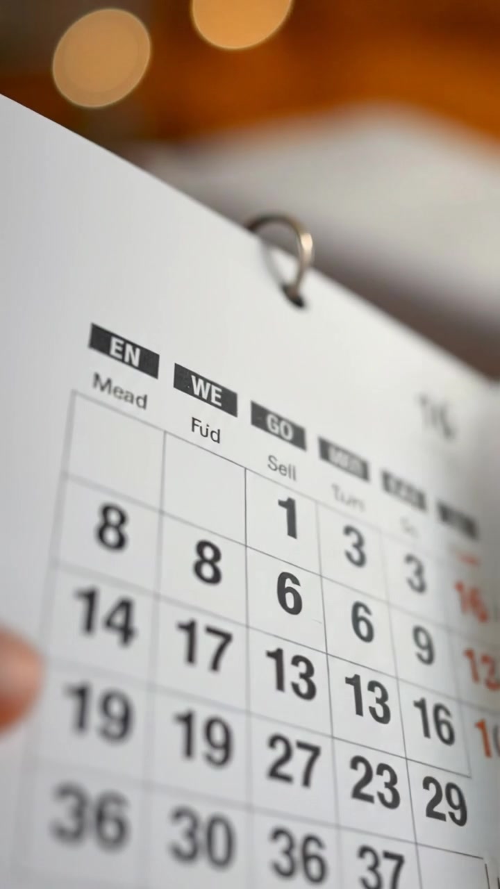 A close-up of a calendar page flipping rapidly with smooth camera motion, capturing the swift passage of days under warm, natural lighting. High detail with soft shadows, emphasizing the changing dates against a neutral background. The background audio features the gentle rustle of paper.