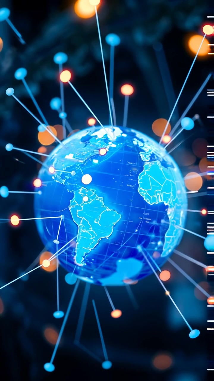 A detailed globe with illuminated connecting lines between major cities, showcasing a high-tech network. Natural lighting highlights the vibrant globe, with smooth camera rotation emphasizing connectivity. Background features a sleek, modern digital aesthetic. The audio features a subtle electronic hum and soft ambient tones.