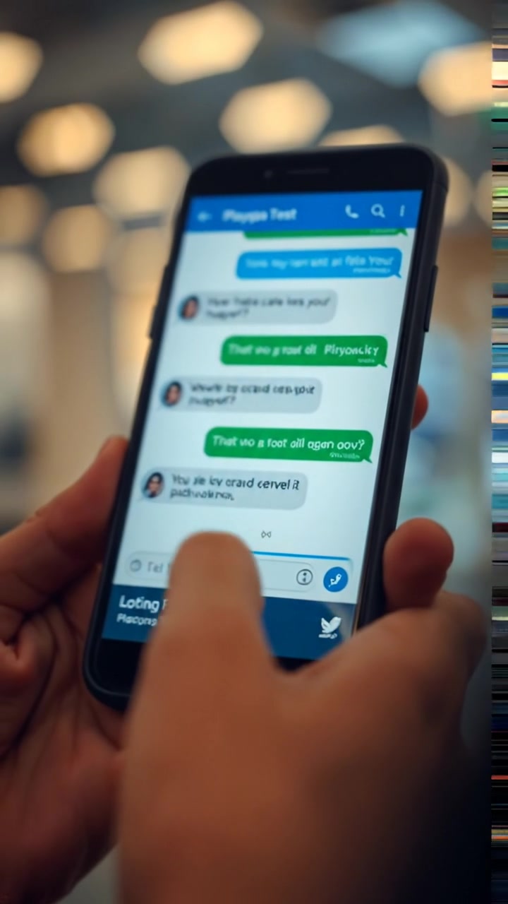 Close-up of a smartphone screen in natural light showcasing a vibrant chat conversation, high detail with a sharp focus on the message bubbles, smooth camera zoom-in, subtle reflections on the screen, background softly blurred, ambient sounds of keyboard typing and notification pings.