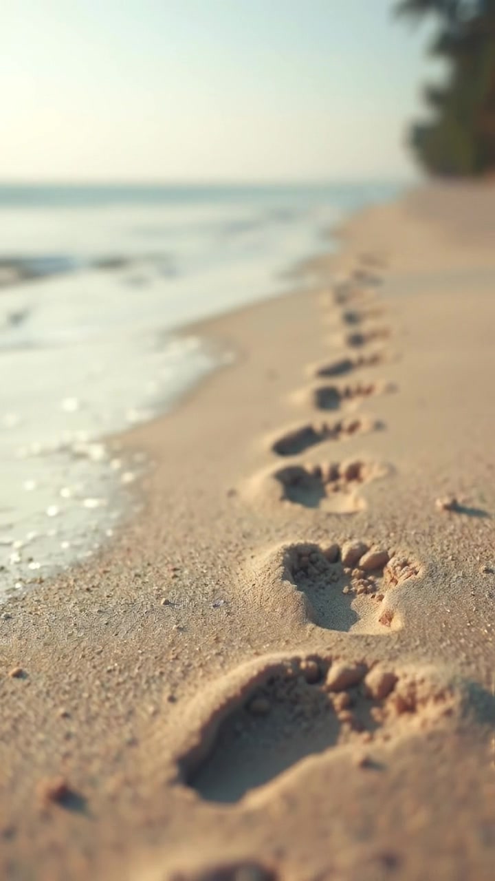A close-up of footprints in the sand along the shoreline at sunset, soft warm tones and gentle waves lapping nearby, captured with smooth camera movement and high detail. The scene evokes serenity and introspection. The audio features ocean waves in the background.