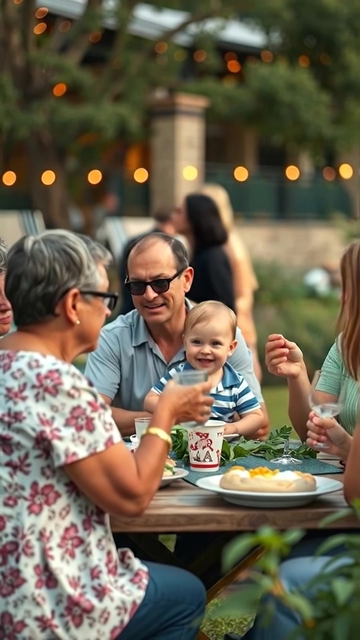 A lively outdoor community picnic with families sharing ideas amid lush greenery, bathed in warm sunlight, captured with a smooth dolly shot, high detail, soft shadows, and vibrant colors. The background features picnic tables, children playing, and trees. The audio features cheerful ambient sounds of a bustling picnic environment.