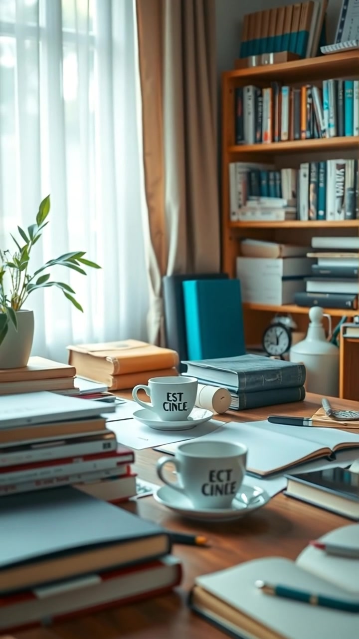 A cluttered study table with scattered books, steaming coffee cups, and various study materials, captured with warm tones, natural lighting, and a soft focus. The scene features smooth camera movement over the mess, creating a cozy, busy atmosphere. The audio features gentle ambient sounds of page turns and coffee cups clinking.