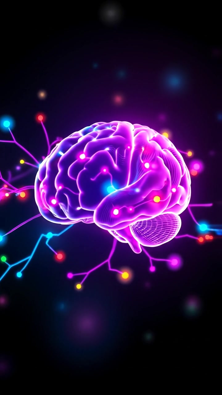A luminous brain graphic surrounded by vividly colorful neurons and intricate neural connections, set against a deep dark background, captured with high detail and soft ambient lighting, using a smooth cinematic camera movement. The scene exudes an electric, inspiring atmosphere. The audio features subtle, ambient electronic tones.