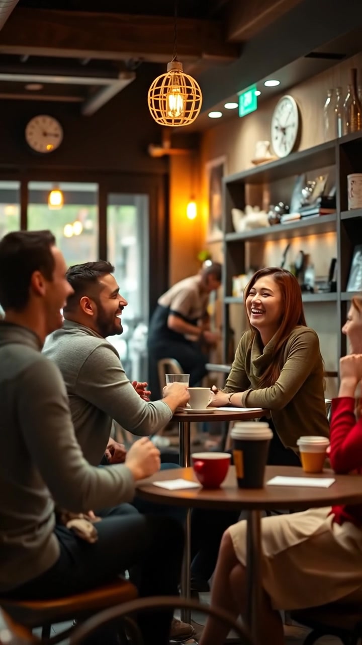 A cozy coffee shop scene with a group of friends sitting at a round table, laughing and chatting. Warm ambient lighting, high detail, smooth camera dolly shot focusing on their joyful interactions, with soft shadows and a inviting atmosphere. The background features gentle café sounds and ambient chatter.