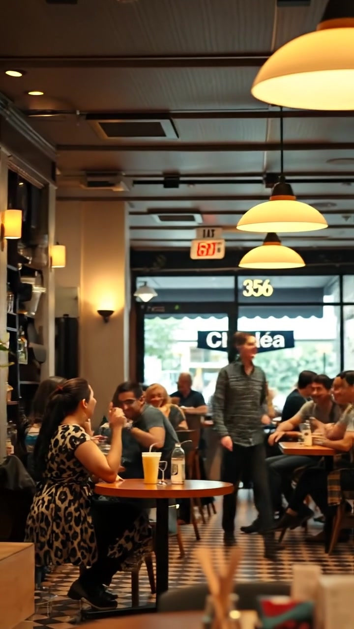 Inside a bustling café filled with smiling patrons engaged in lively conversations at diverse tables. Rich warm tones, natural soft lighting, and smooth camera pans highlight the cozy atmosphere. Background sounds of gentle chatter and clinking cups evoke a lively, inviting scene.