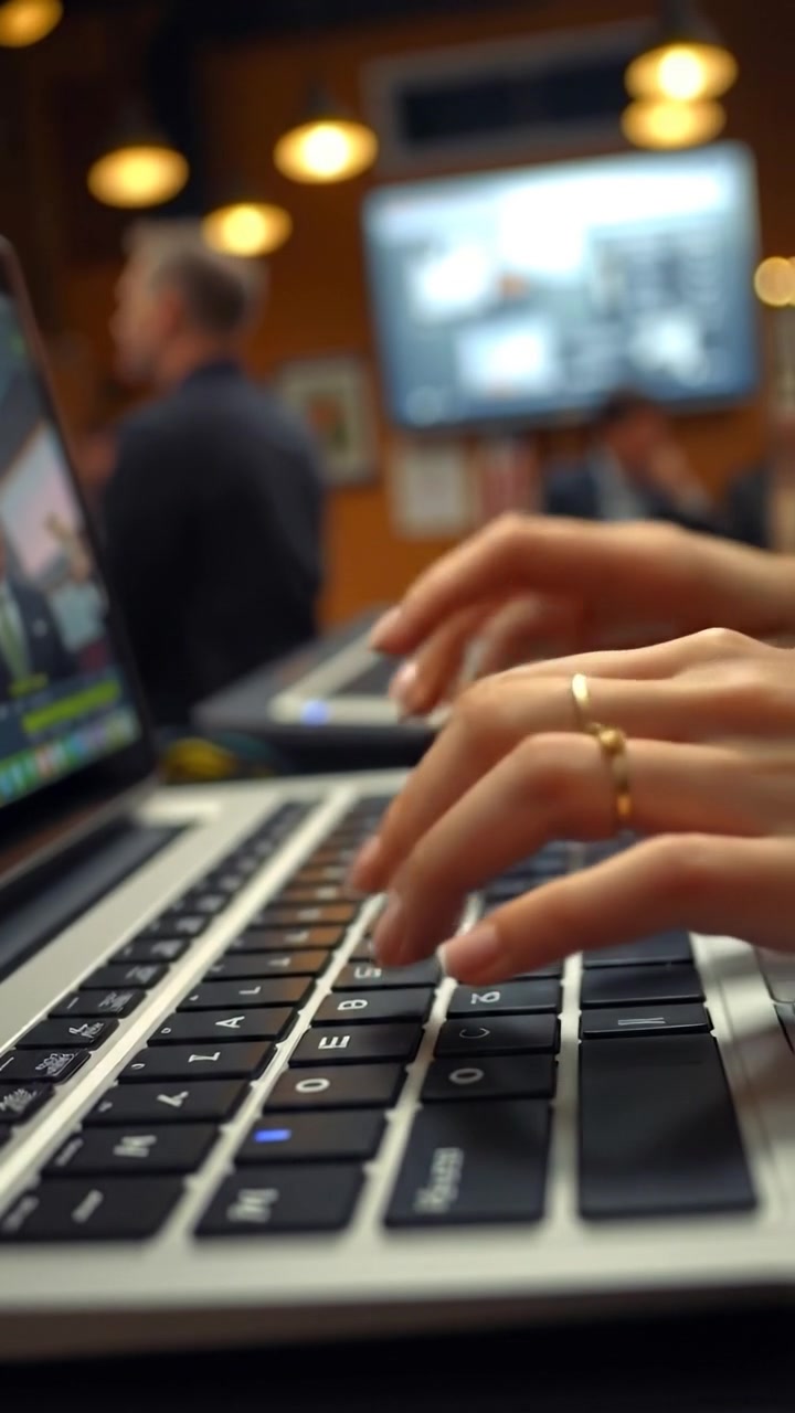 A close-up of hands typing on a keyboard, illuminated by soft natural light with high detail, capturing the smooth finger movements and textured keys. The scene includes a subtle depth of field effect, with a softly blurred modern workspace in the background. The audio features the gentle clicking of keys.