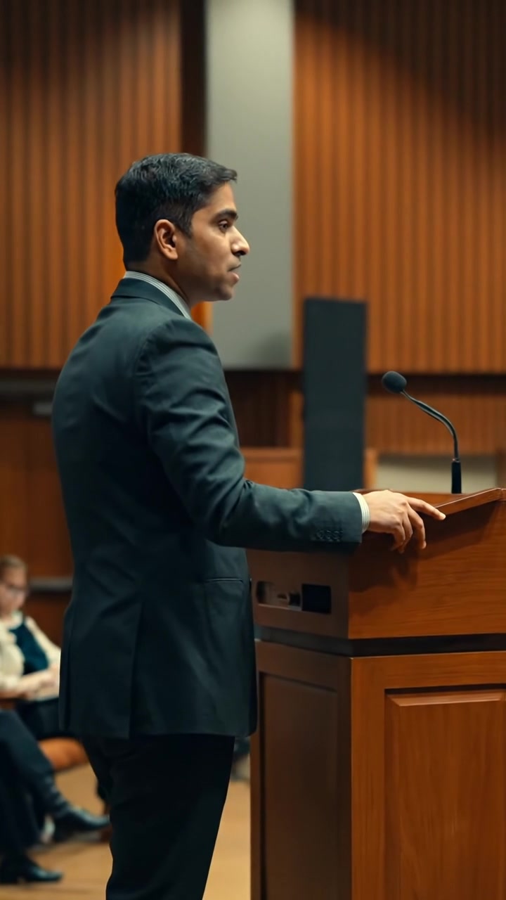 A person standing at a podium giving a speech in a small auditorium with attentive audience members, captured in a close-up shot with warm lighting and soft shadows, smooth camera movement emphasizing the speaker, background blurred to focus on the presenter. The audio features subtle ambient noise of the audience listening quietly.