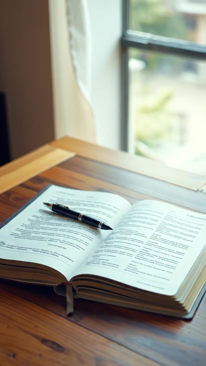 An open book lies on a textured wooden table, accompanied by a vintage pen, illuminated by soft, warm light that highlights the pages' intricate details. Use gentle camera movement for a cinematic feel with natural lighting, creating a calm, scholarly atmosphere. The background features ambient outdoor sounds.