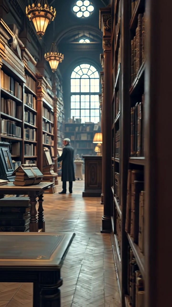 A vast library filled with ancient texts and scrolls of scientific knowledge, illuminated by warm, natural lighting, showcasing high detail and smooth camera movement through towering shelves. The ambiance is quiet and scholarly, with soft shadows highlighting the aged parchment. The audio features a gentle rustling of pages.