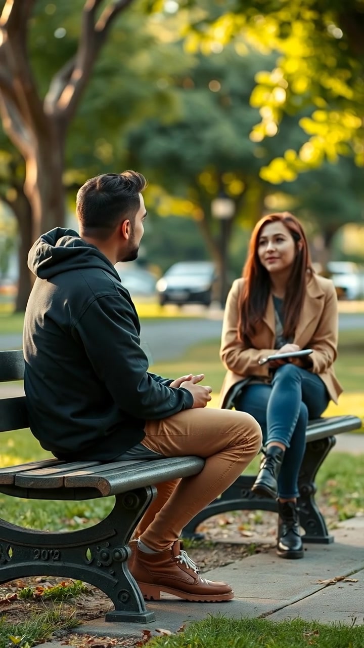 A peaceful scene of two friends sitting on a park bench under warm natural sunlight, engaged in an open, heartfelt conversation. The background features lush greenery and distant trees with soft shadows, captured with smooth camera movement. The background sound features gentle park ambient noises.
