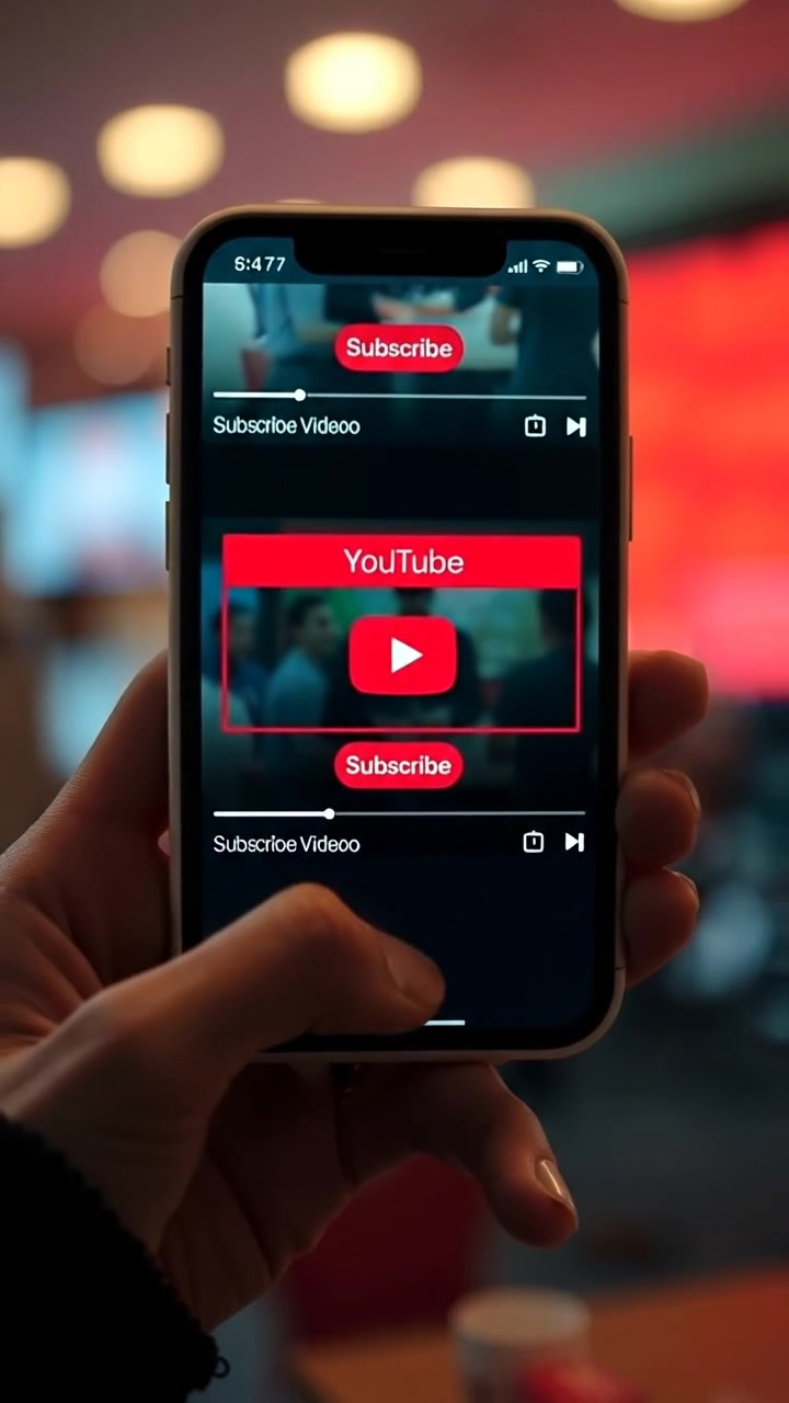 A smartphone screen showing a colorful YouTube video with vibrant subscribe and like buttons illuminated, captured in close-up with natural lighting, high detail, smooth camera panning across the interface, set against a neutral background. The audio features subtle digital interface sounds and ambient background noise.