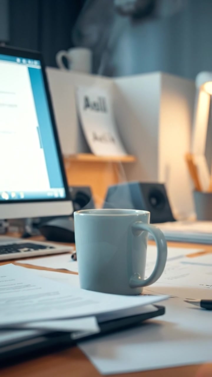 Close-up of a cluttered desk featuring a sleek computer and a steaming coffee mug, surrounded by scattered papers under soft, natural lighting, captured with smooth camera movement for a cinematic feel. The background emits a cozy, warm atmosphere with gentle shadows. The audio features subtle办公噪声 and distant typing.