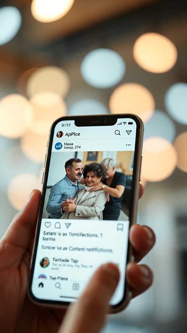 Close-up of a smartphone displaying a social media app with notifications and content creation tools, shot with a sleek, modern design under soft, natural lighting; smooth camera tilt reveals user interactions, ambient environment blurred for focus. The background audio features subtle notification sounds and digital interface beeps.