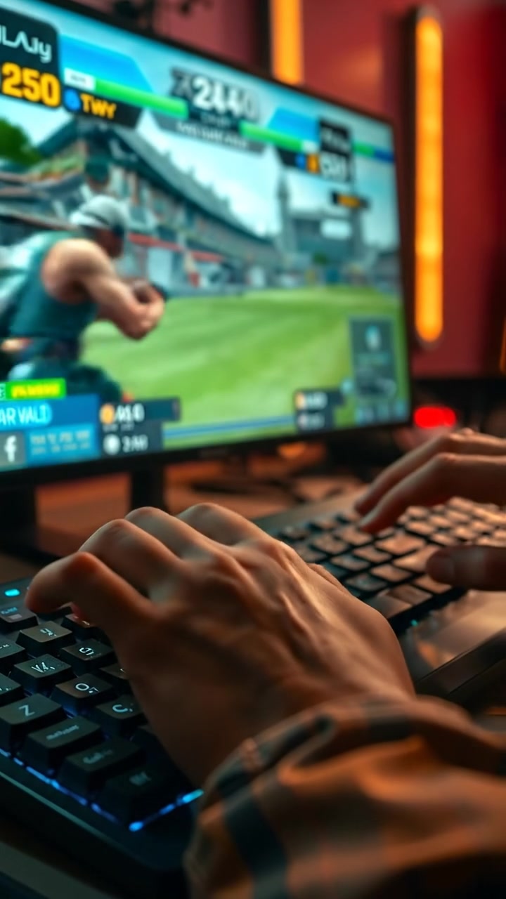 Close-up of hands skillfully typing on a keyboard with a vibrant video game running on screen, shot with smooth camera motion, warm lighting, and high detail. The background shows a cozy gaming setup with soft shadows. The audio features the ambient sounds of keyboard clicks and game effects.