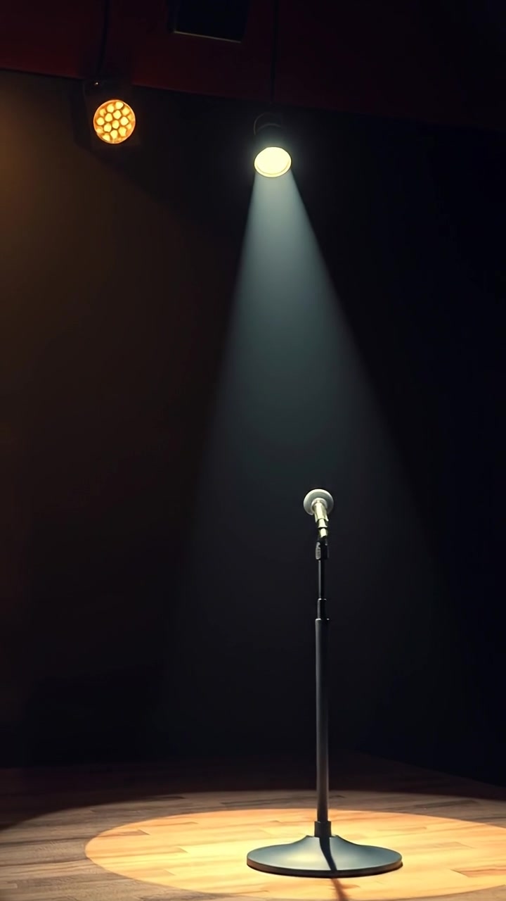 A dimly lit comedy club stage with a solitary microphone stand illuminated by a focused spotlight, casting soft shadows, capturing a moody and intimate atmosphere with smooth camera movement and warm tones. The background features a dark, subtly textured wall. The audio features subtle ambient noise of a quiet club.