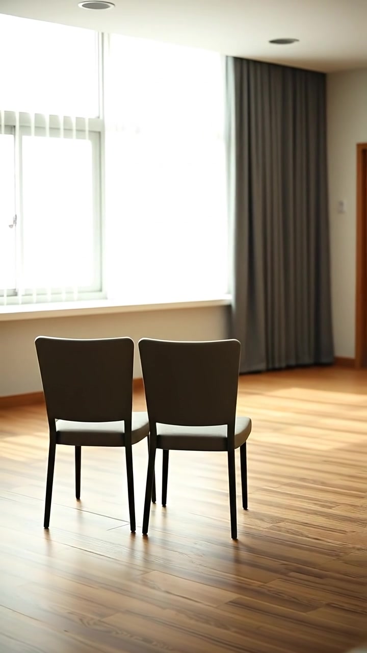 An empty room with minimalistic design, featuring two sleek chairs facing away from each other, bathed in soft natural lighting. The smooth camera smoothly dollies across the space, highlighting the quiet, contemplative atmosphere with warm tones and gentle shadows. The audio features a subtle ambient hum.