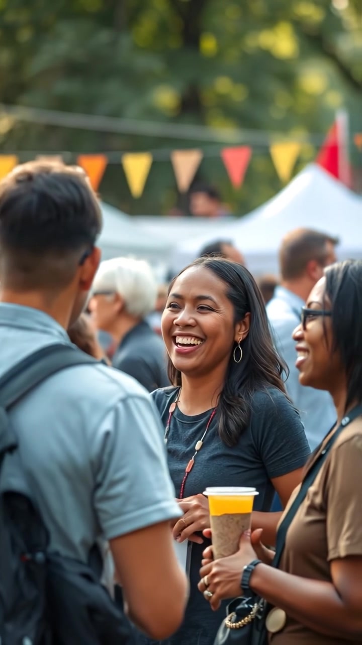 A diverse group of people smiling and engaging in a lively community event outdoors, bathed in warm natural sunlight, with vibrant banners and festive decorations. Cinematic wide shot with smooth camera movement, emphasizing the joyful atmosphere and close interactions, background filled with lush trees. The audio features cheerful ambient sounds and laughter.