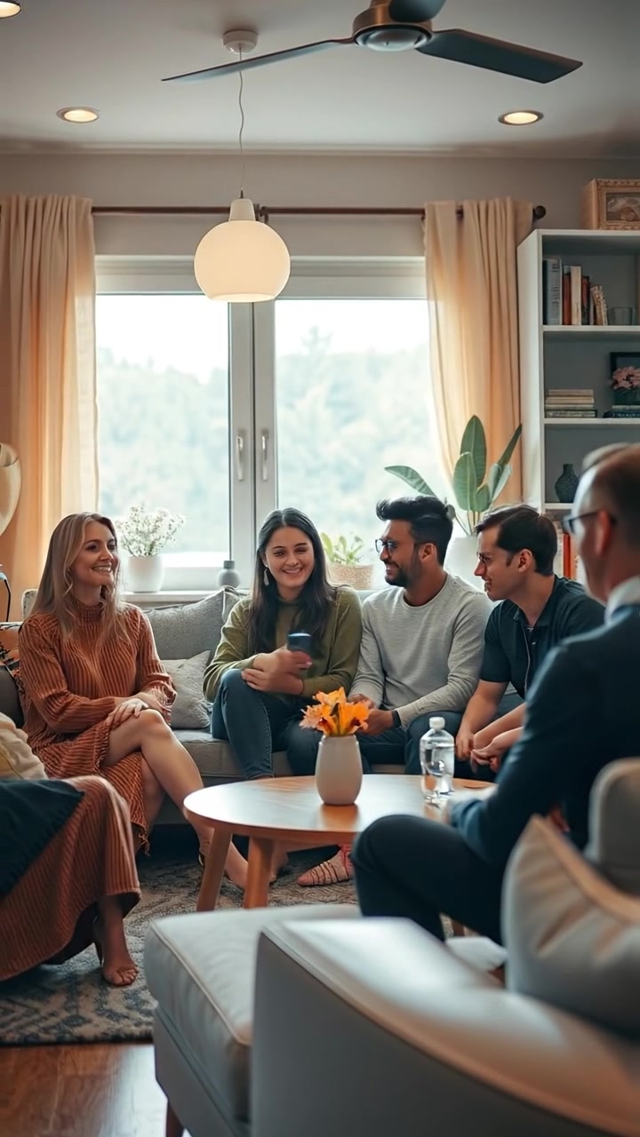 A cozy living room scene with friends sitting together, engaged in lively conversation, bathed in warm, natural lighting with soft shadows, captured in smooth camera movement that emphasizes the friendly atmosphere. The background features plush sofas and tasteful decor, with ambient background music of gentle laughter and soft chatter.