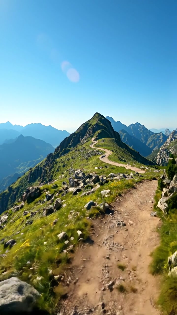 A scenic mountain trail viewed from a wide-angle lens with natural lighting, high detail, and smooth camera motion following the winding path through lush greenery and towering peaks, conveying a sense of adventure and serenity. The background features gentle breeze rustling leaves. The audio features ambient nature sounds.