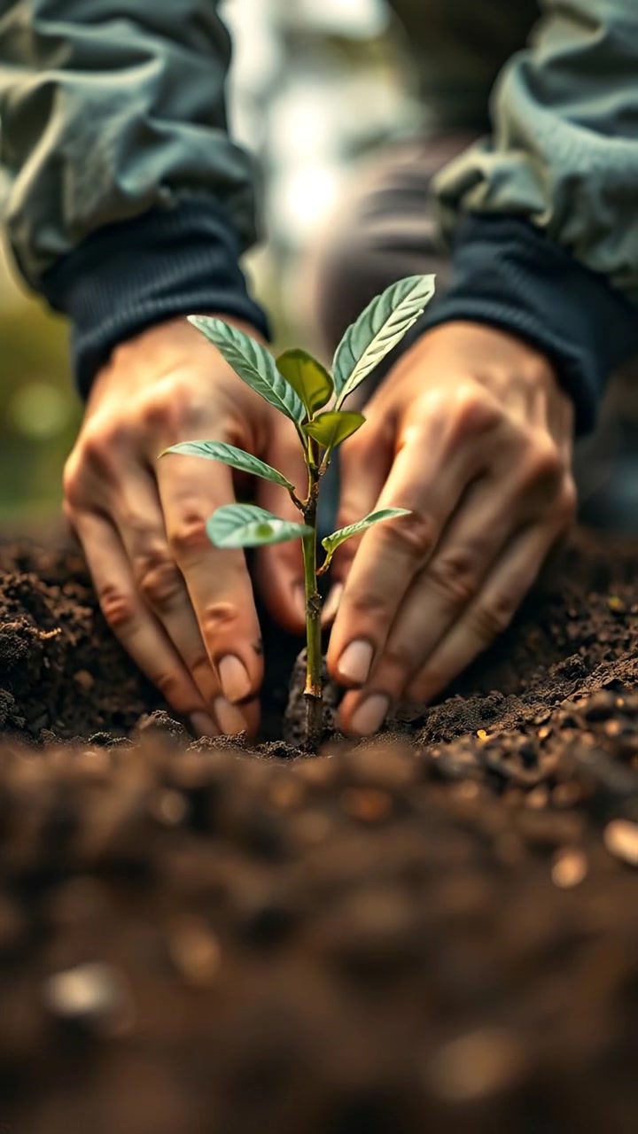 Close-up of hands planting a sapling into rich brown soil, detailed with gentle natural lighting and a soft focus background, emphasizing care and determination. Smooth camera movement captures the gentle placement of the sapling. The background audio features the sounds of nature with birds chirping.