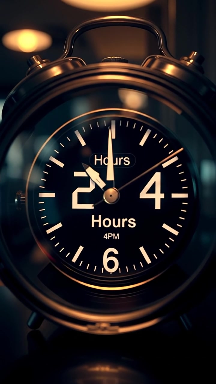 A close-up of a sleek analog clock displaying 24 hours, highlighted with glowing numerals and a modern design. The scene is illuminated with soft, natural lighting, with a smooth camera zoom emphasizing its rapid response symbolism. The background features a subtle gradient. The audio features ticking clock sounds.