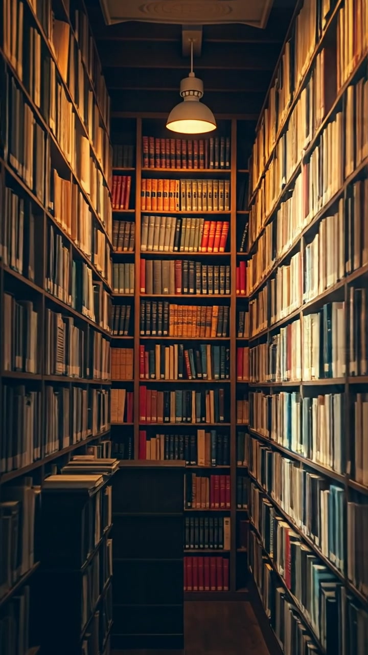 A cozy library with towering shelves filled with ancient books, bathed in warm, soft lighting that creates a inviting atmosphere, featuring smooth camera movement through the aisles and natural light filtering through a distant window. The audio features gentle rustling of pages and soft ambient sounds.