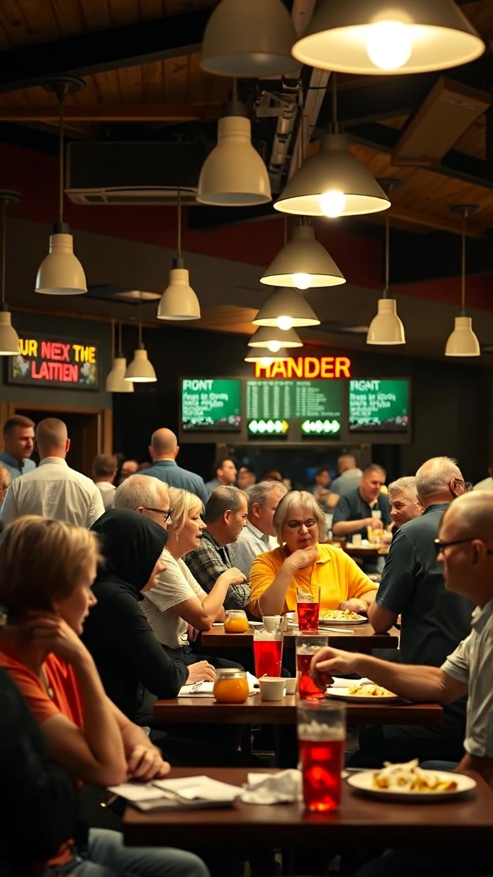 A bustling, lively restaurant filled with diverse customers enjoying their meals, some catching the eye of staff, with warm ambient lighting, detailed textures of food, smooth camera panning across the scene, soft shadows creating an inviting atmosphere. The audio features bustling restaurant sounds.