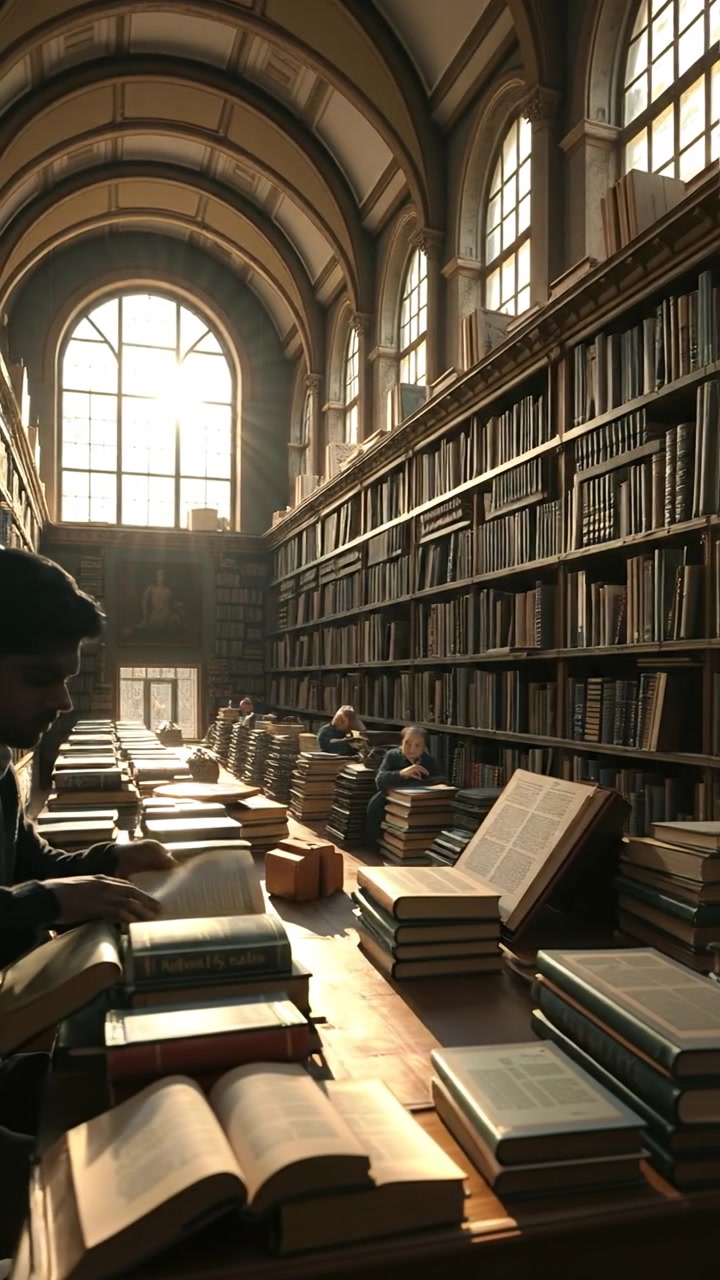 A cozy library filled with bookshelves and ancient artifacts, sunlight streaming through large windows casting warm tones and soft shadows, with gentle camera movement highlighting the richness of the details. The background audio features the subtle sound of pages turning and ambient quietness.