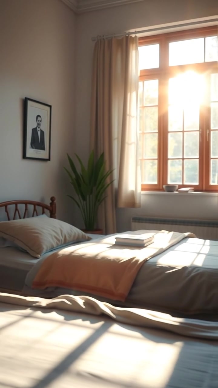 A cozy bedroom bathed in early morning sunlight, soft natural light spilling through the window and illuminating the room with warm tones. The scene features high detail, smooth camera movement, and a tranquil ambiance. The background audio features gentle morning bird songs.