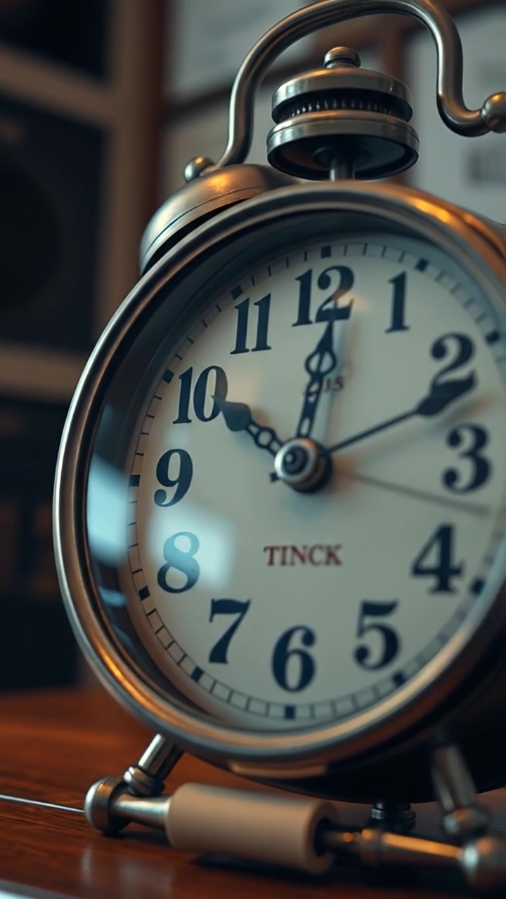 Close-up of a vintage clock with intricate details, soft natural lighting highlighting its aged surface, smooth camera focus, and subtle shadows to emphasize texture. The background is blurred, with warm tones creating a nostalgic atmosphere. The audio features gentle ticking sounds of the clock.